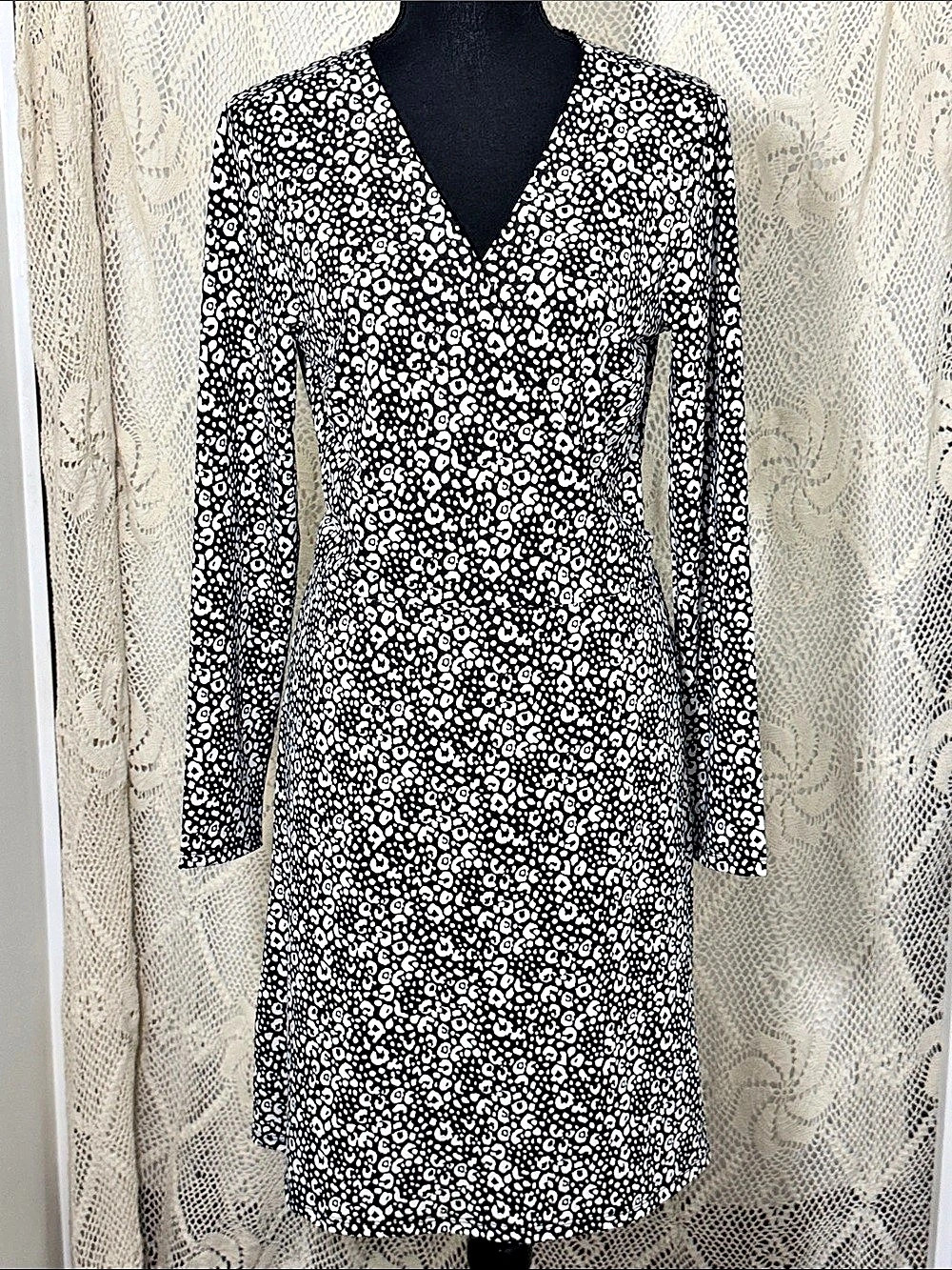 LOFT Animal Print Wrap Mini Dress Black White Size 8 NWT